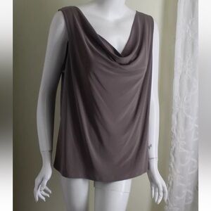 Clara Sun Woo Gray Brown Cowl Neck Liquid Top & Matching Flare Pants